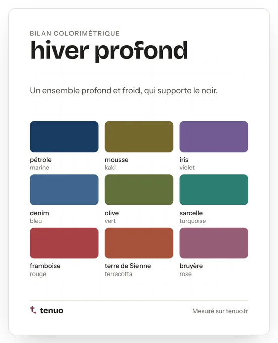 La carte du bilan couleur : « hiver profond » et les neuf couleurs qu’elle donne.