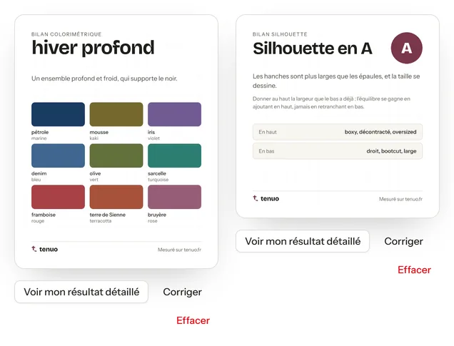 Les deux verdicts du profil, votre saison et votre silhouette, chacun avec le bouton qui permet de le corriger.