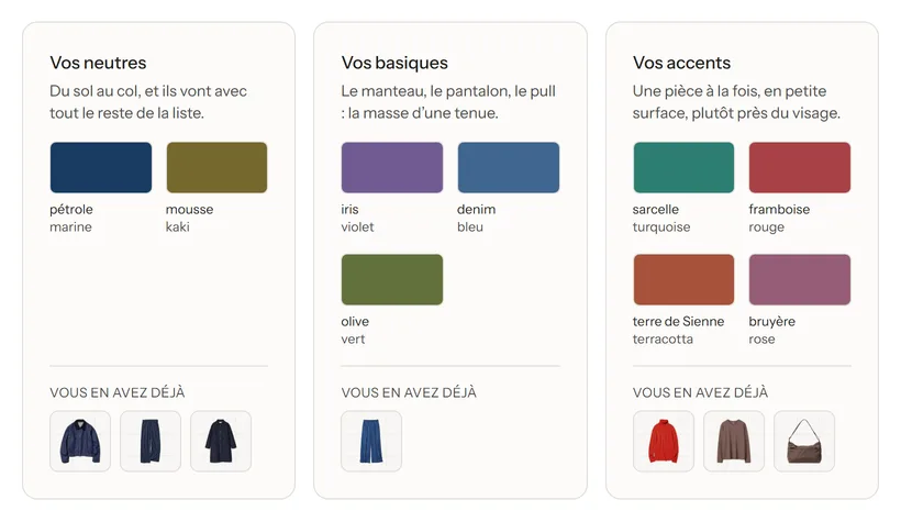 Les neuf couleurs de la saison « hiver profond », rangées en neutres, basiques et accents, avec sous chacune les pièces déjà possédées dans ces teintes.