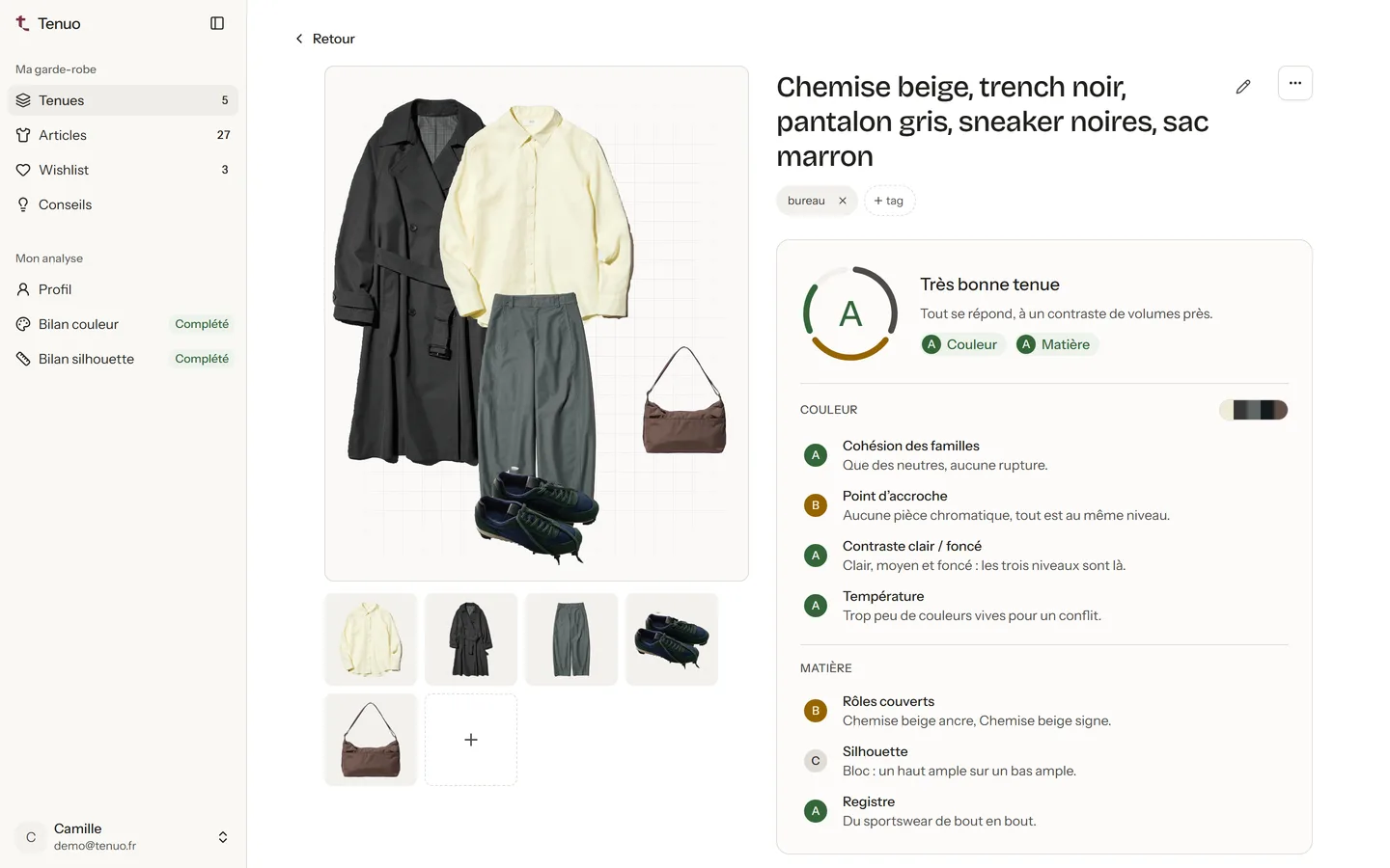 Une tenue notée dans Tenuo, avec les raisons de la note : contraste des valeurs, rôle des couleurs, équilibre des registres.