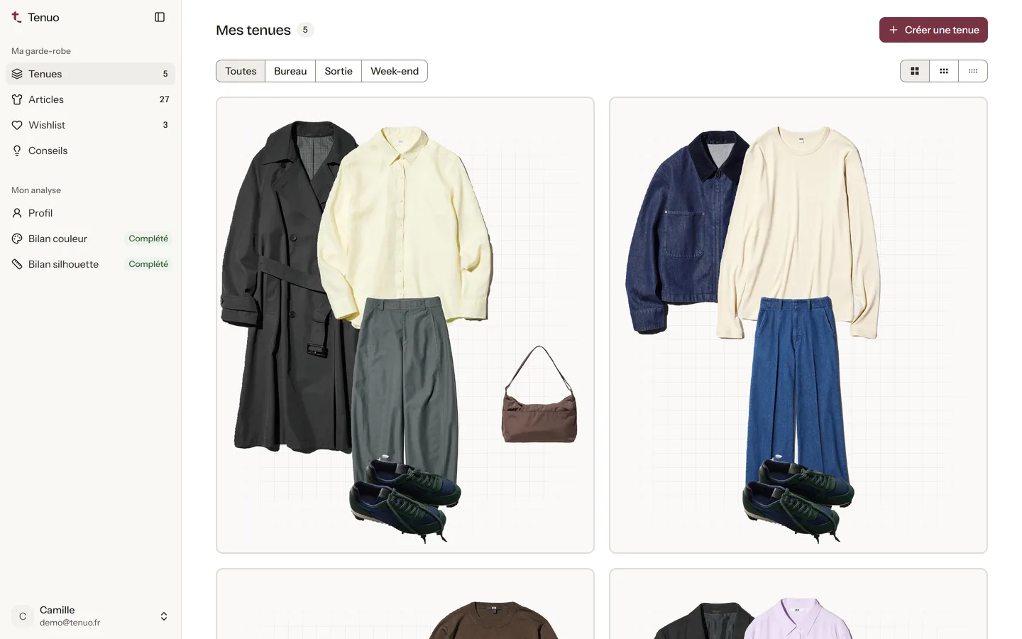 La page Tenues : cinq tenues composées depuis les vêtements possédés, filtrables par occasion.